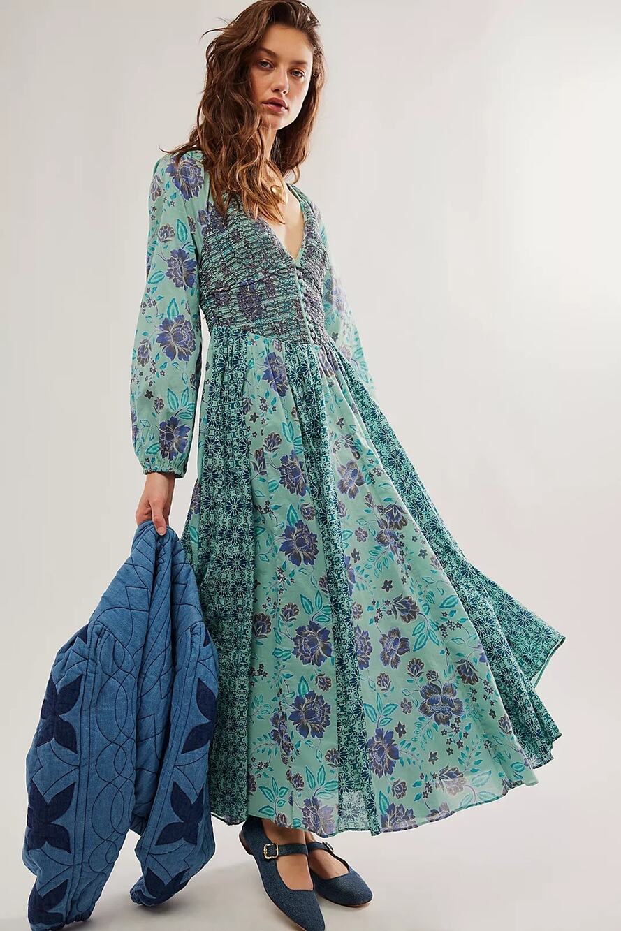 Free People A New Way Floral Smocked Maxi Dress- Teal Combo